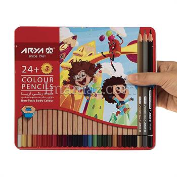 مداد رنگی آریا 3 +24 رنگ جلد فلزی کد 3022 ـ طرح بچه ها