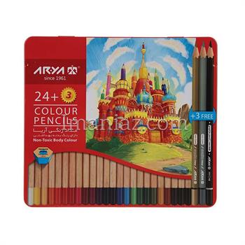 مداد رنگی آریا 3 +24 رنگ  جلد فلزی کد 3022 ـ طرح قصر